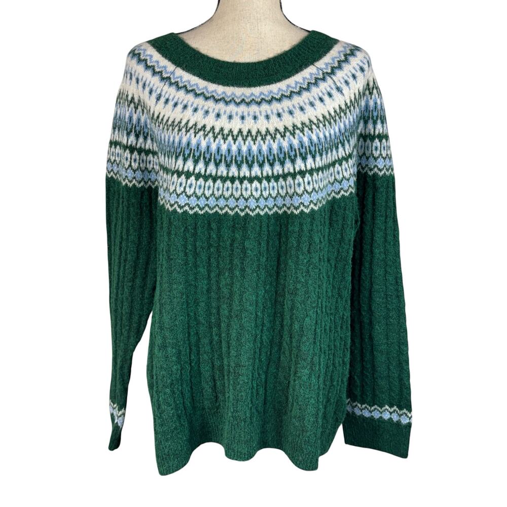 Croft & Barrow XX-Large Sweater Fair Isle Pullover Cable Knit Crew Neck Green